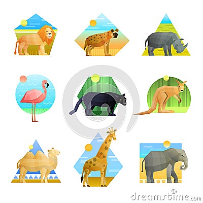 Animals Polygonal Emblem Set Vector Illustration