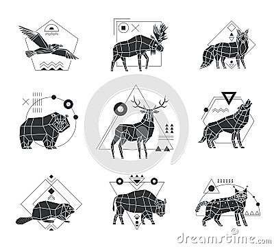 Animals Polygonal Monochrome Emblems Vector Illustration