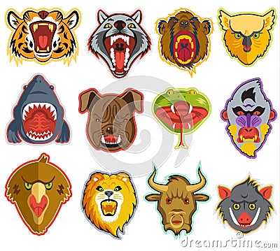 Animals portrait heads with open mouth of roaring animals angry lion bear and aggressive wolf illustration set of Cartoon Illustration
