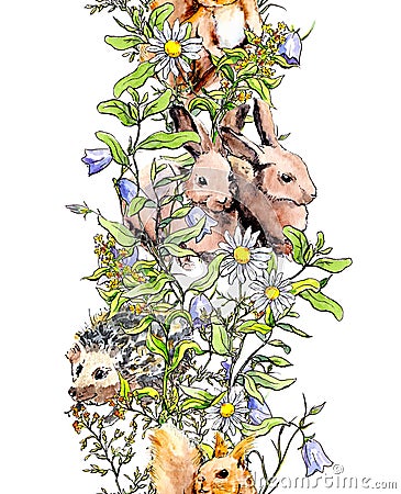 Animals - rabbits, squirrel, hedgehog in grass, blossom flowers. Seamless border banner. Watercolor in sketch style Stock Photo