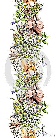 Animals - rabbits, squirrel, hedgehog in meadow grass, flowers. Seamless border frame. Watercolor in sketch style Stock Photo