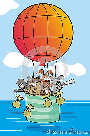 Animals at red balloon flies over the sea, eps. Vector Illustration