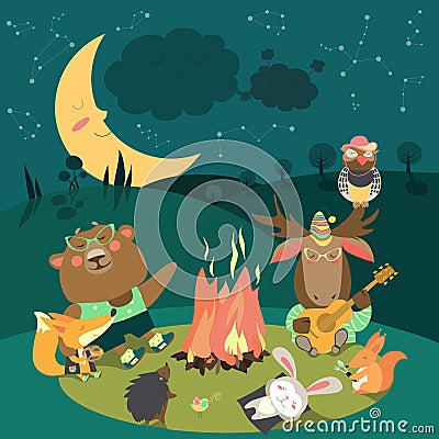 Animals resting around bonfire Vector Illustration