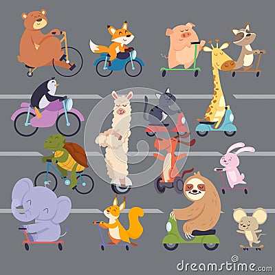 Animals on road cartoon funny animals running bicycles Vector Illustration