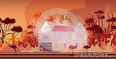 Animals running from forest fires in australia wildfire burning houses natural disaster concept intense orange flames Vector Illustration