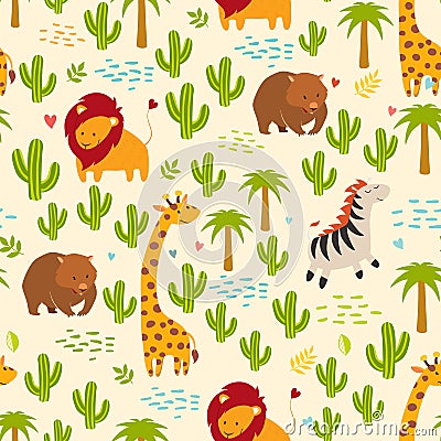 Animals seamless vector background. Giraffe, zebra, wombat and cactus Vector Illustration