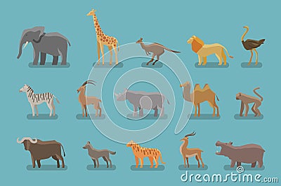 Animals set of colored icons. Vector symbols such as elephant, giraffe, kangaroo, lion, ostrich, zebra, mountain goat Vector Illustration
