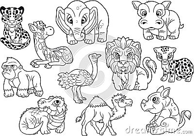 Animals, set of cute vector images, coloring book Vector Illustration