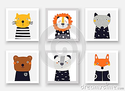 Animals set including wolf, bear, fox, panda, cat, lion. Cute hand drawn doodle cards, postcard, posters with animals Vector Illustration