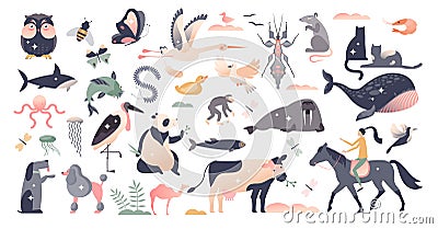 Animals set with various wildlife mammal species group tiny person concept Vector Illustration