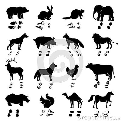 Animals Silhouettes And Tracks Set Vector Illustration