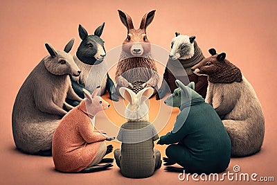 Animals sit in a circle at anonym alcoholic meeting, created with Generative AI technology Stock Photo