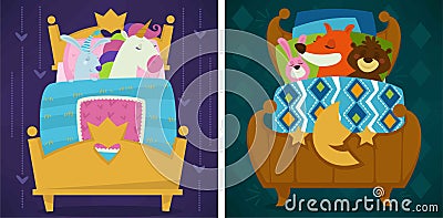 Animals sleeping in bed fairytale pets asleep set vector. Vector Illustration