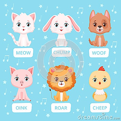 Animals sounds. Zoo characters communication animals talking words vector cartoon illustrations Vector Illustration