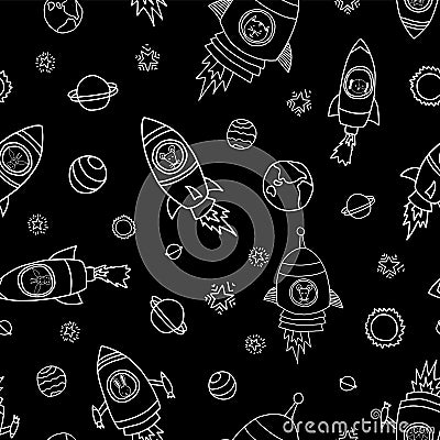 Animals in space seamless vector background. Rocket ships. Animal astronauts mouse, cat, giraffe, dog, and lion in rocket ships Vector Illustration