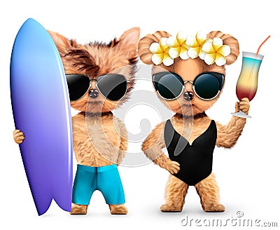 Animals in sunglasses holding surf and cocktail Cartoon Illustration