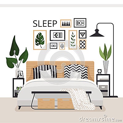 Stylish modern bedroom in the Scandinavian style. Minimalistic cozy interior with drawers, bed, paintings, rug and plants. Vector Illustration