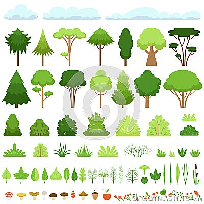 Set of different trees, bushes, grasses, leaves, mushrooms, apples, berries and clouds. Vector illustration. Vector Illustration