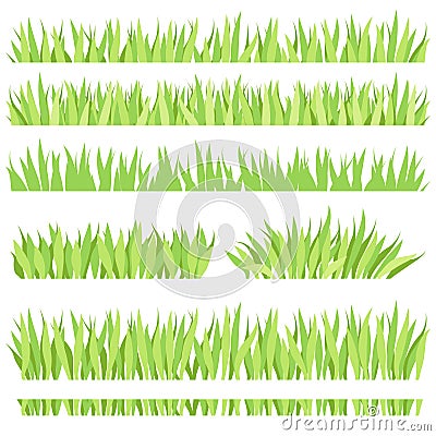 Set of different horizontal compositions of grass. Isolated garden lawn on a white background Vector Illustration