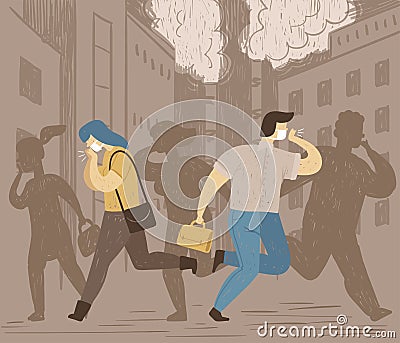 Conceptual poster of air pollution. People breathe dirty air and cough in the city. Bad ecology Vector Illustration