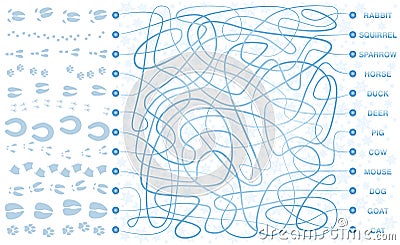 Animals Tracks Maze Footprints Labyrinth Winter Snow Vector Illustration