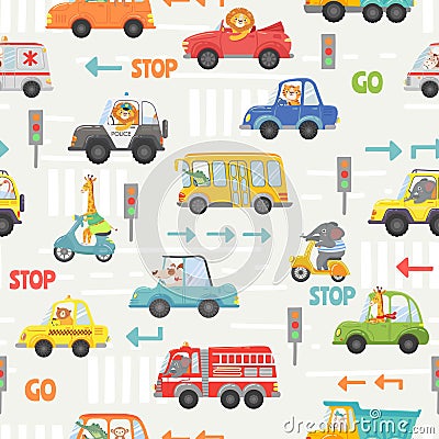 Animals in transport seamless pattern. Kid cartoon cars, bus, police and bike with animal driver. Vector texture with Vector Illustration