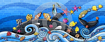 Animals underwater travel by whale Wall Paint Stock Photo