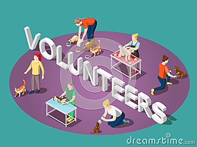 Animals Volunteers Isometric Composition Vector Illustration