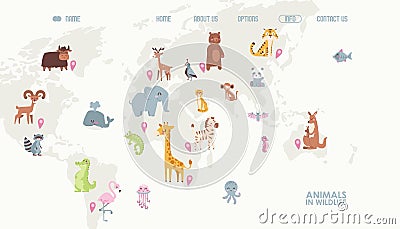 Animals in wildlife on world map vector illustration for landing page for children online educational platform in Vector Illustration