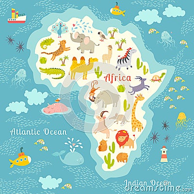 Animals world map, Africa. Beautiful cheerful colorful vector illustration for children and kids. With the inscription of the ocea Vector Illustration