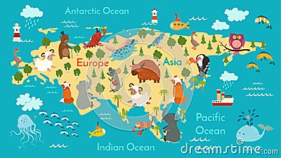 Animals world map, Eurasia Vector Illustration
