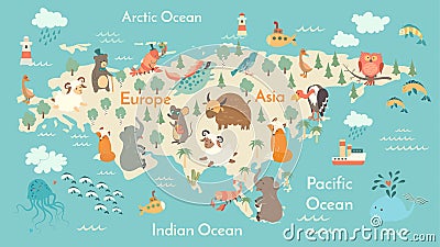 Animals world map, Eurasia Vector Illustration