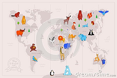 Animals on world map flat vector illustration Vector Illustration