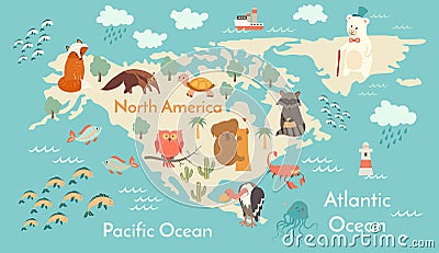 Animals world map, North America. Vector Illustration