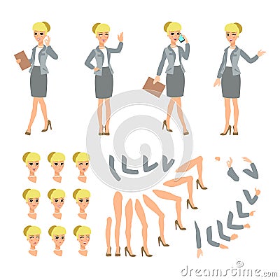 Animate businesswoman character. Young lady personage constructor. Different woman postures, face, legs, hands. Vector cartoon per Vector Illustration