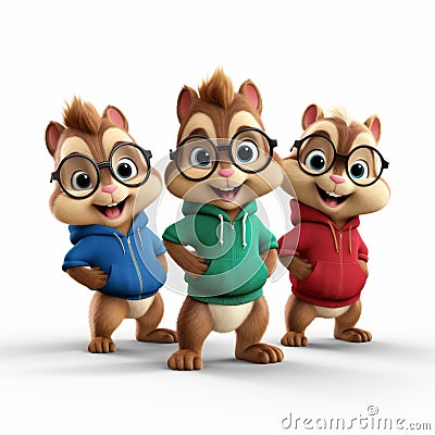 Animated Action: Three Chipmunks In Glasses And Hoodies Stock Photo