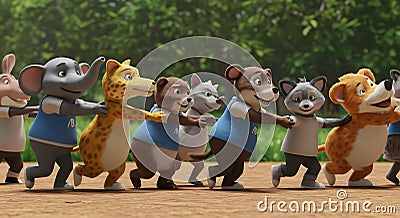 animated animals in a joyful conga line promoting teamwork and unity - generated using ai Cartoon Illustration