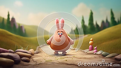 Mr. Potato Head Bunny Walking Down A Long Path In Soft Colored Plasticine Illustration Style Stock Photo