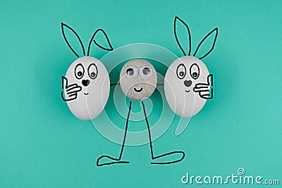 Animated character from a pebble with a happy face holds animated happy eggs on blue paper background. Heppy easter Stock Photo