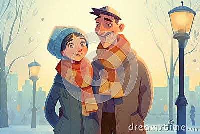 animated couple in a scarf, warming by a streetlight Stock Photo