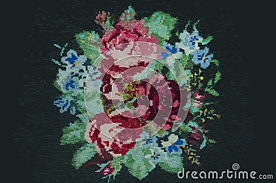 Animated cross-stitch bouquet of roses and cornflowers Stock Photo