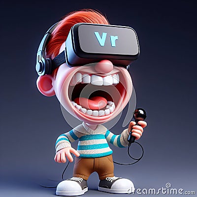 Animated 3D caricature, exaggerated features, bursts into laughter wearing VR glasses, 3D Movies-inspired animation Stock Photo