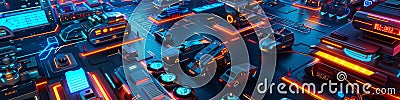 An animated 3D model of a neoninfused military base in the future with hightech vehicles and digital defense systems Stock Photo