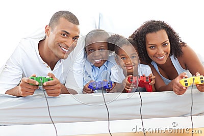 Animated family playing video game Stock Photo