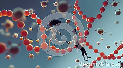 Animated figures running on a DNA helix among floating cells, surreal concept Cartoon Illustration