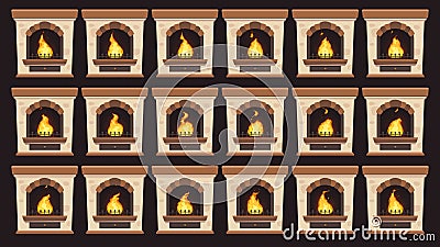 Animated fire in fireplace. Flames animation in retro home wood burning fireplaces isolated vector cartoon frames set Stock Photo