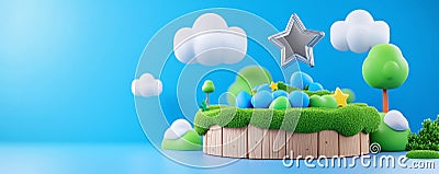 An animated floating game arena suspended in the sky with clouds forming the UI background. A flying land asset ideal Stock Photo