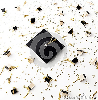 Animated Graduation Celebration with Diploma Hats and Gold Confetti on a Minimalist Beige Background AI Generated Stock Photo