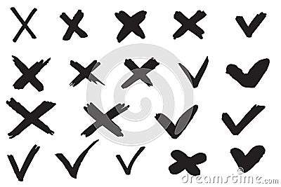 Animated hand drawn black check mark and cross appears isolated on white background. Stock Photo