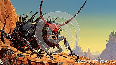 Intense Colorful Illustration Of Giant Bug In Desert - Frank Thorne Style Stock Photo